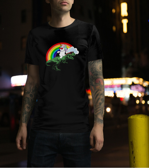 Party Dinosaur Rex With An Unicorn Under Rainbow Cloud T-Shirt