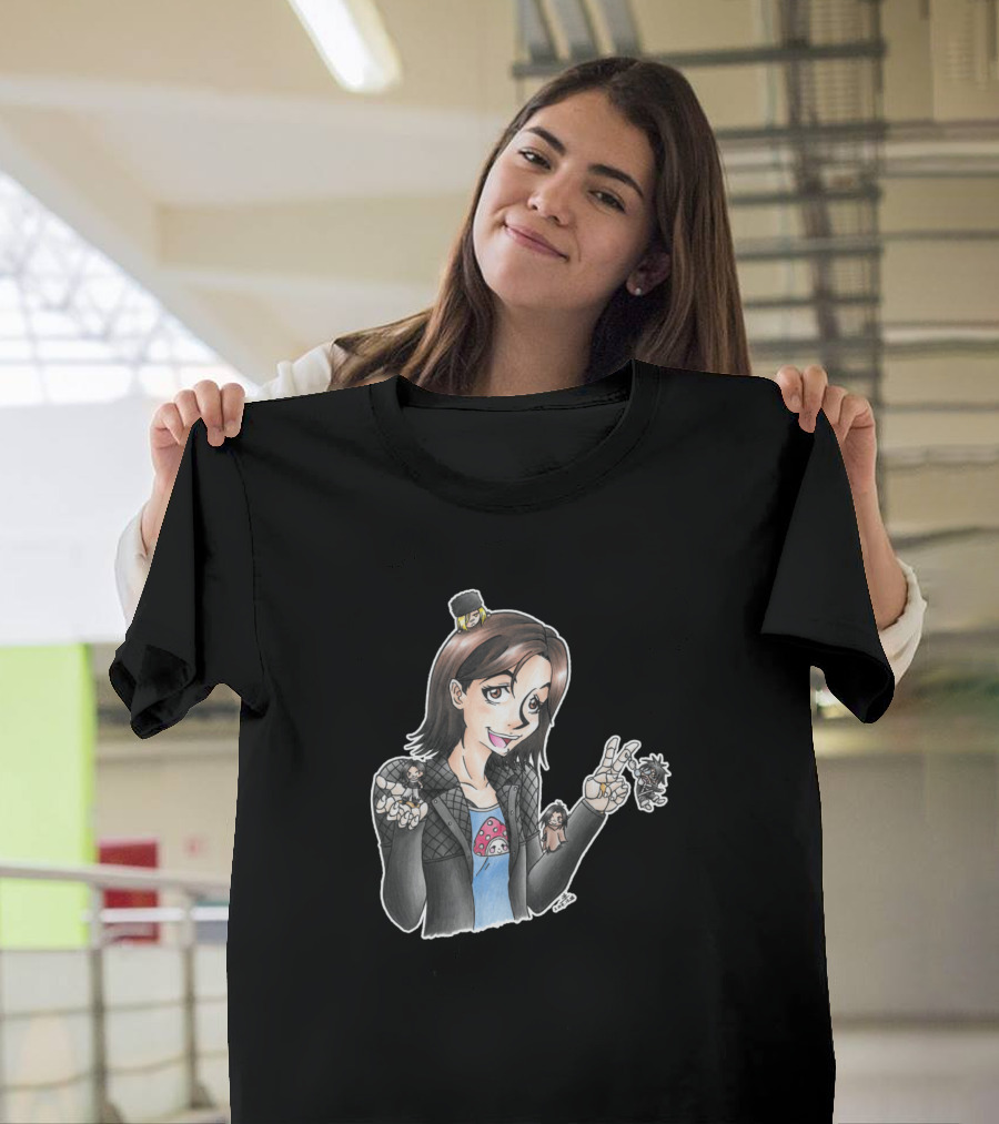 Alita Gang Anime Style Illustration with Playful Characters and Punk Hat T-Shirt