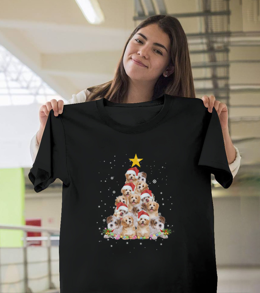 Cavachon Dogs Santa Hats Christmas Tree Star Snowflakes T-Shirt