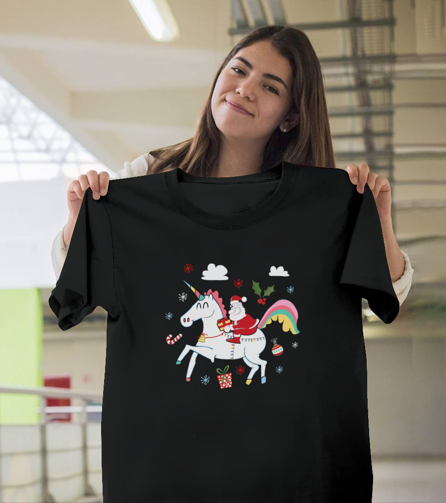 Santa Claus Riding Unicorn with Presents and Holiday Cheer T-Shirt