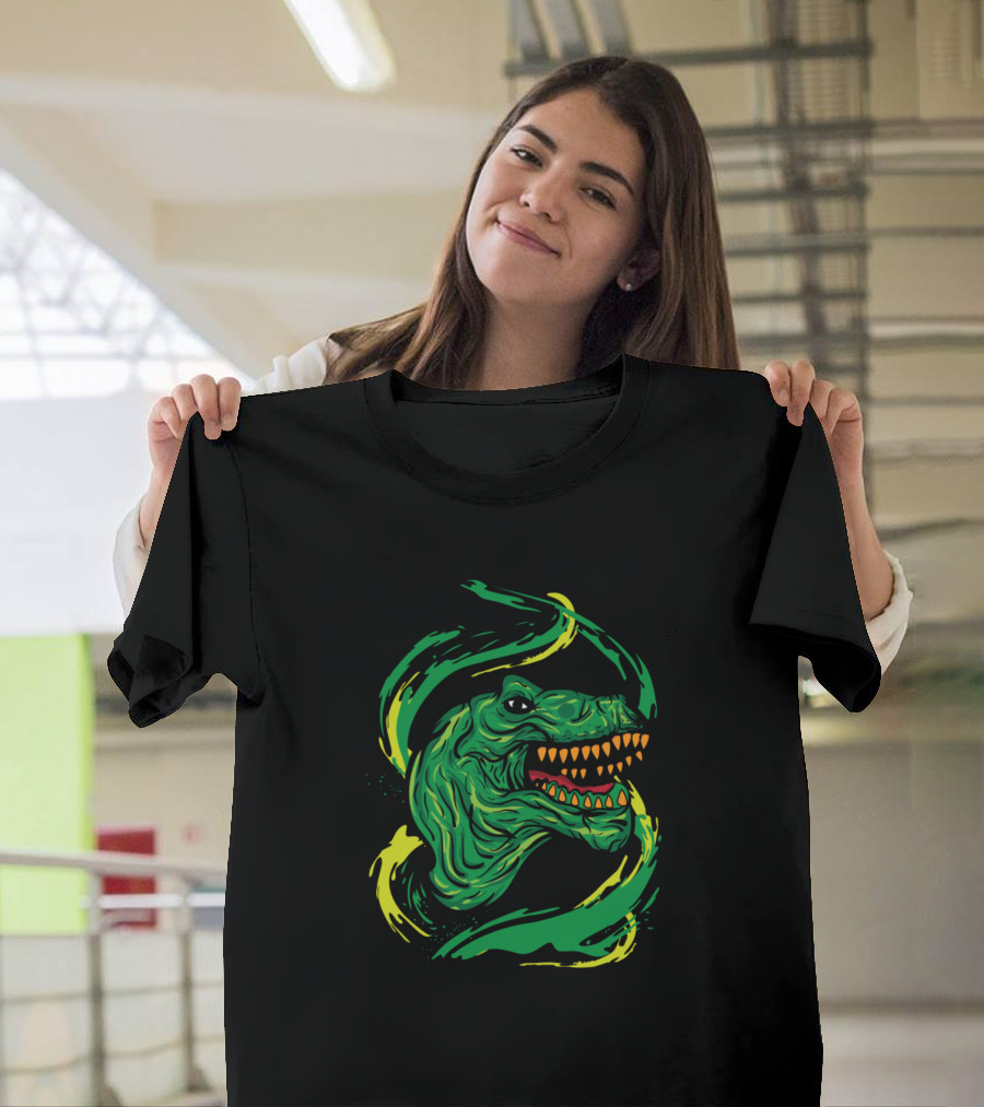 Dinosaur T-Rex Head with Swirling Green and Yellow Accents T-Shirt