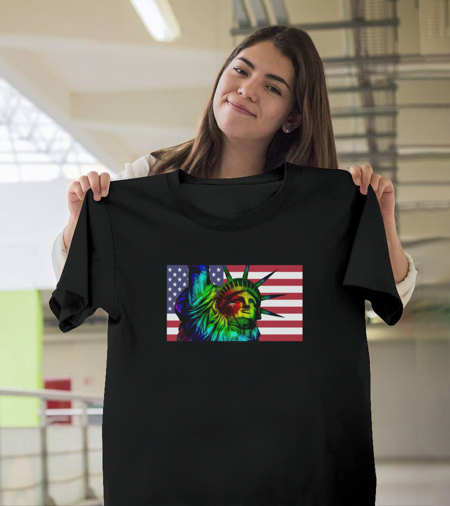Liberty Warrior Statue Of Liberty with American Flag Background T-Shirt