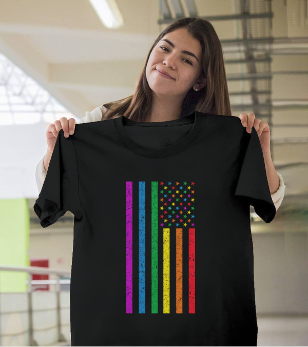 American Flag With Rainbow Stripes And Colorful Stars T-Shirt