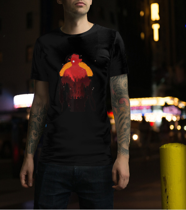 Red Horse Cowboy Silhouette At Sunset Forest Scene T-Shirt