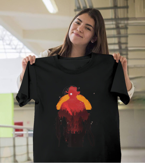 Red Horse Cowboy Silhouette At Sunset Forest Scene T-Shirt