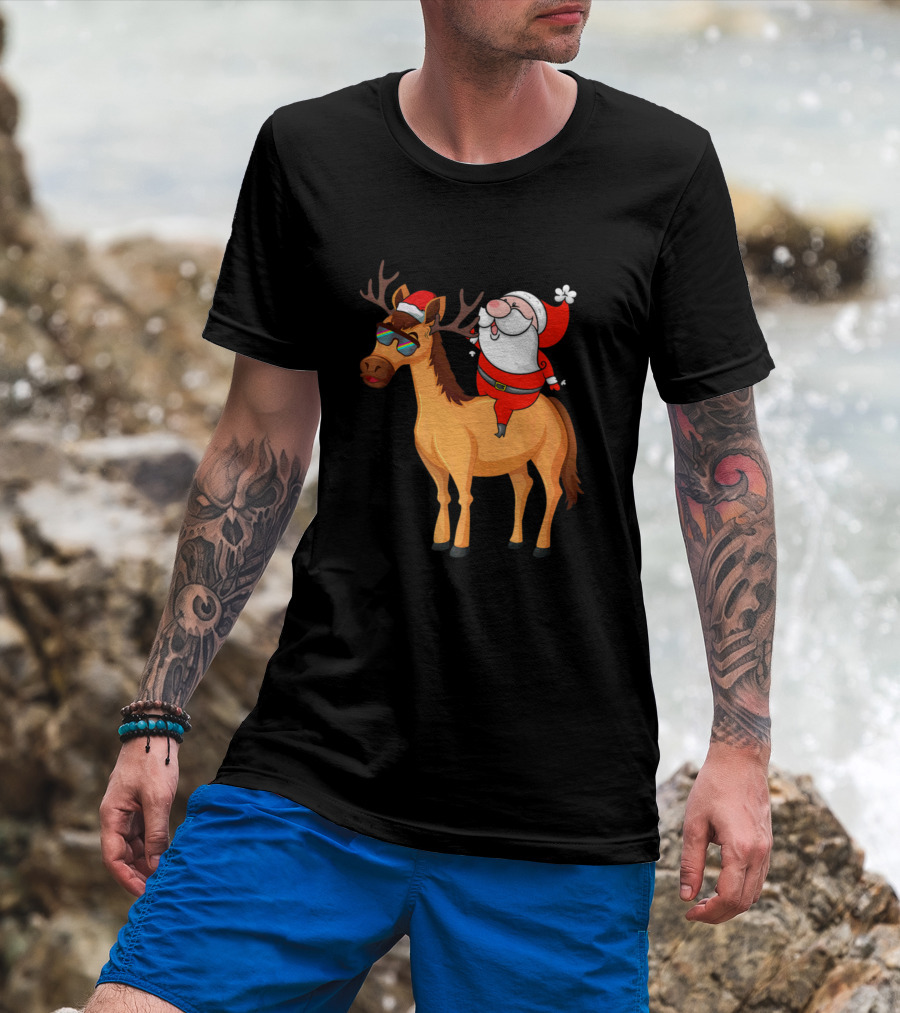 Santa Riding Horse With Sunglasses And Reindeer Antlers Funny Horse Lover T-Shirt