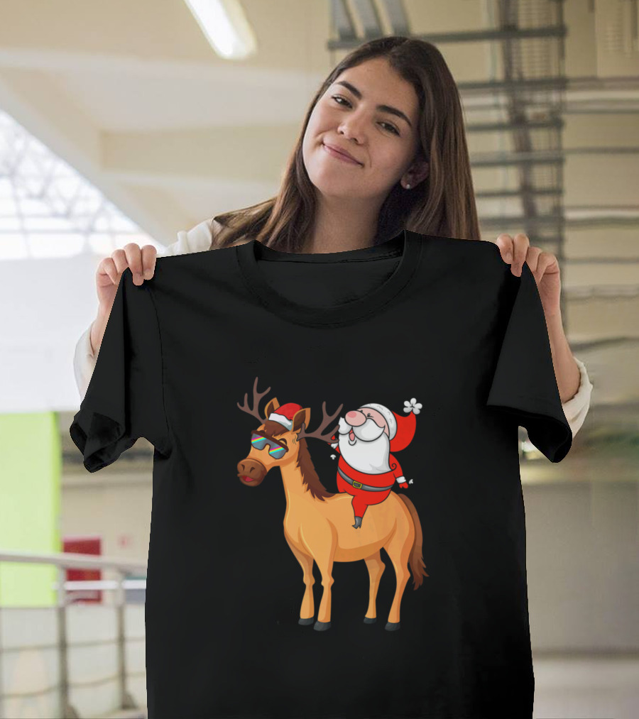Santa Riding Horse With Sunglasses And Reindeer Antlers Funny Horse Lover T-Shirt