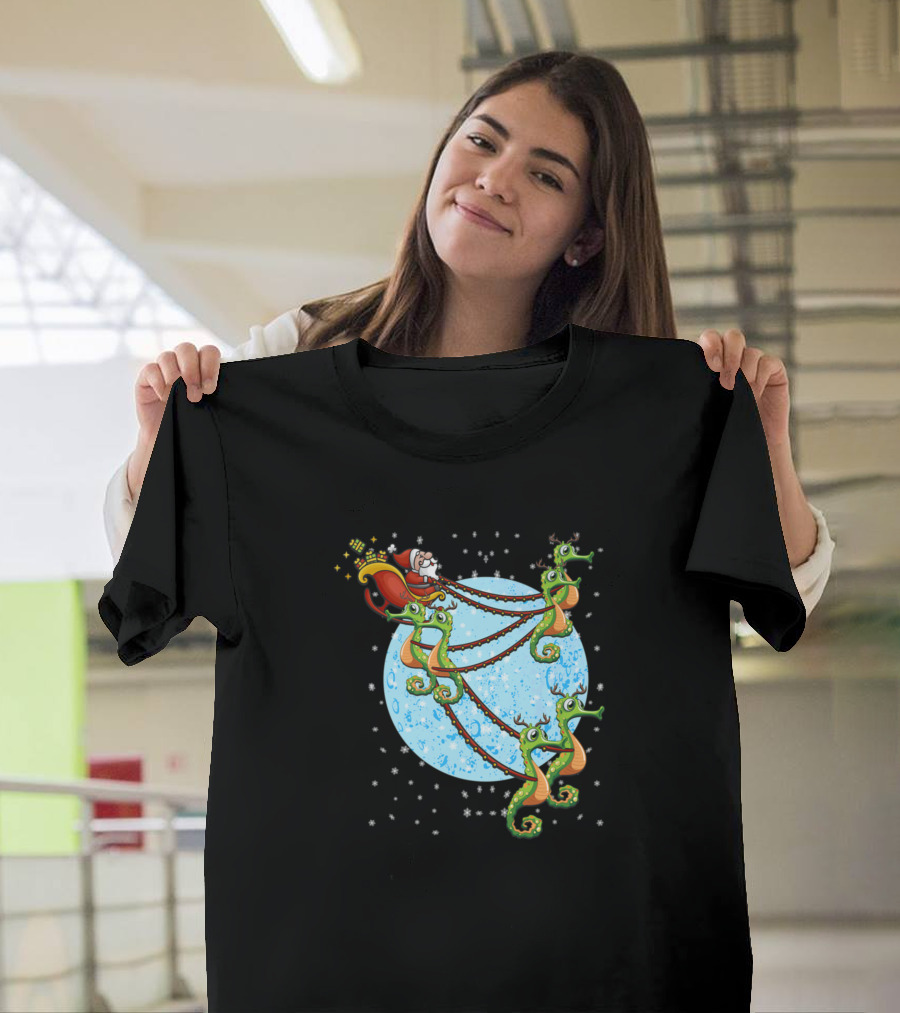Santa Riding Seahorse Reindeer Moon Snowflakes T-Shirt