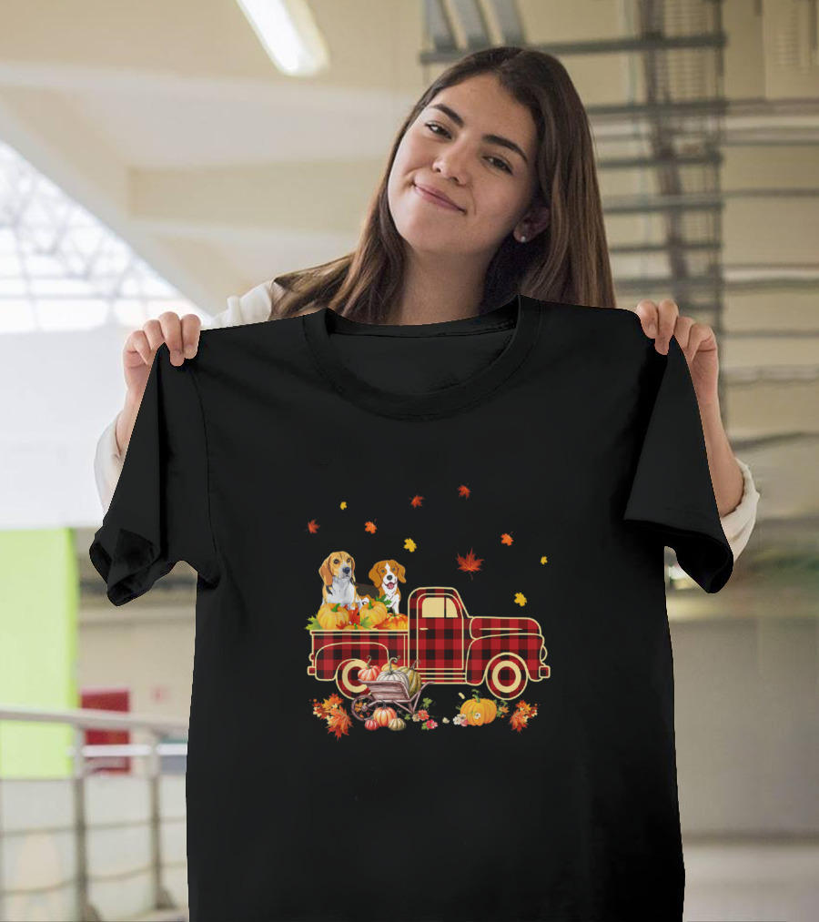 Beagle Fall Harvest Plaid Truck with Pumpkins and Leaves T-Shirt