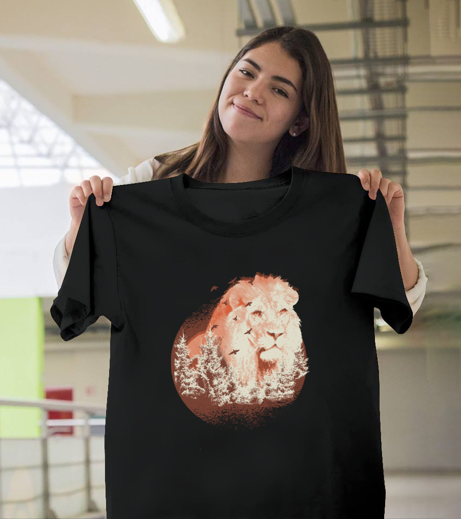 Forest Lion Silhouette in Pine Trees and Birds T-Shirt