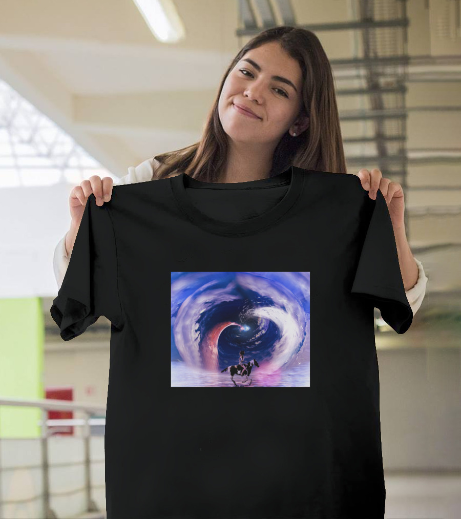 Girl Riding The Horse Through Cosmic Vortex Sky T-Shirt