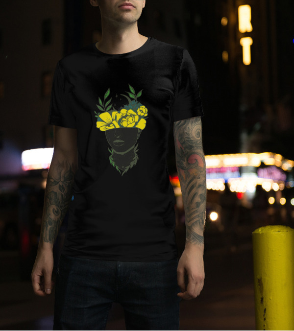 Nature Head Floral Elements With Yellow Flowers And Green Leaves T-Shirt