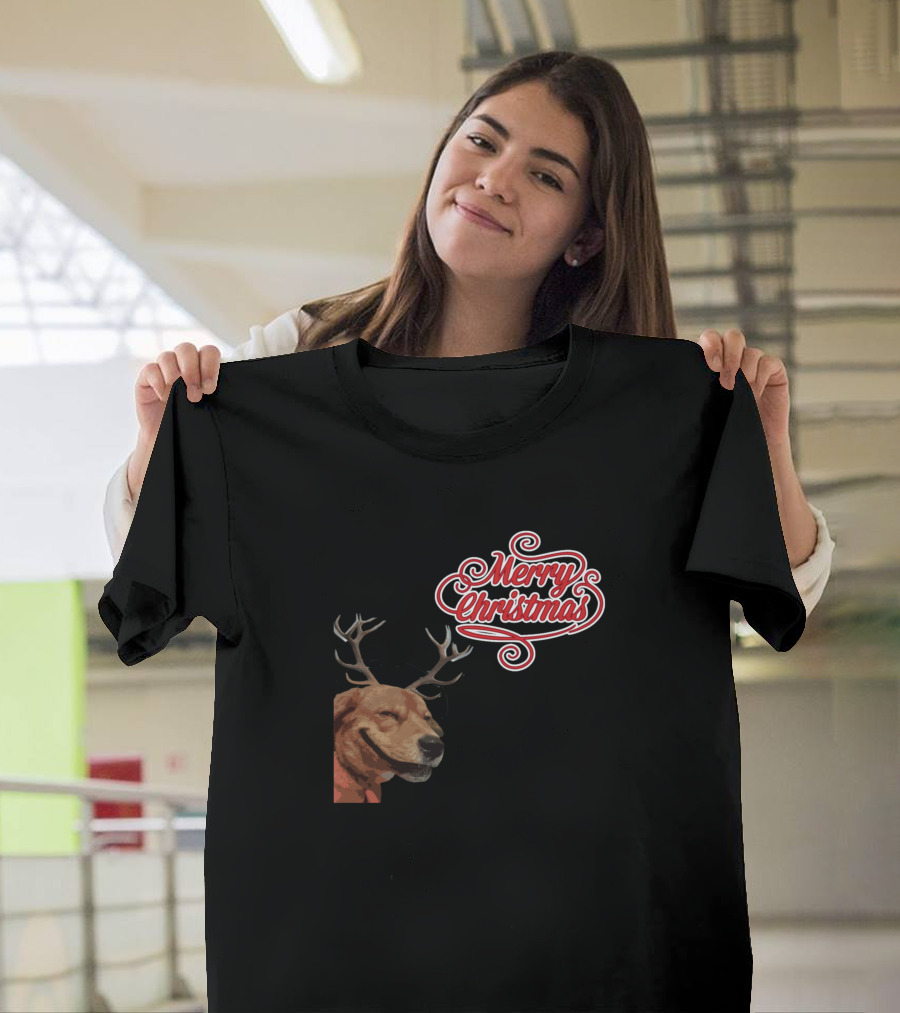 Merry Christmas Dog With Antlers T-Shirt