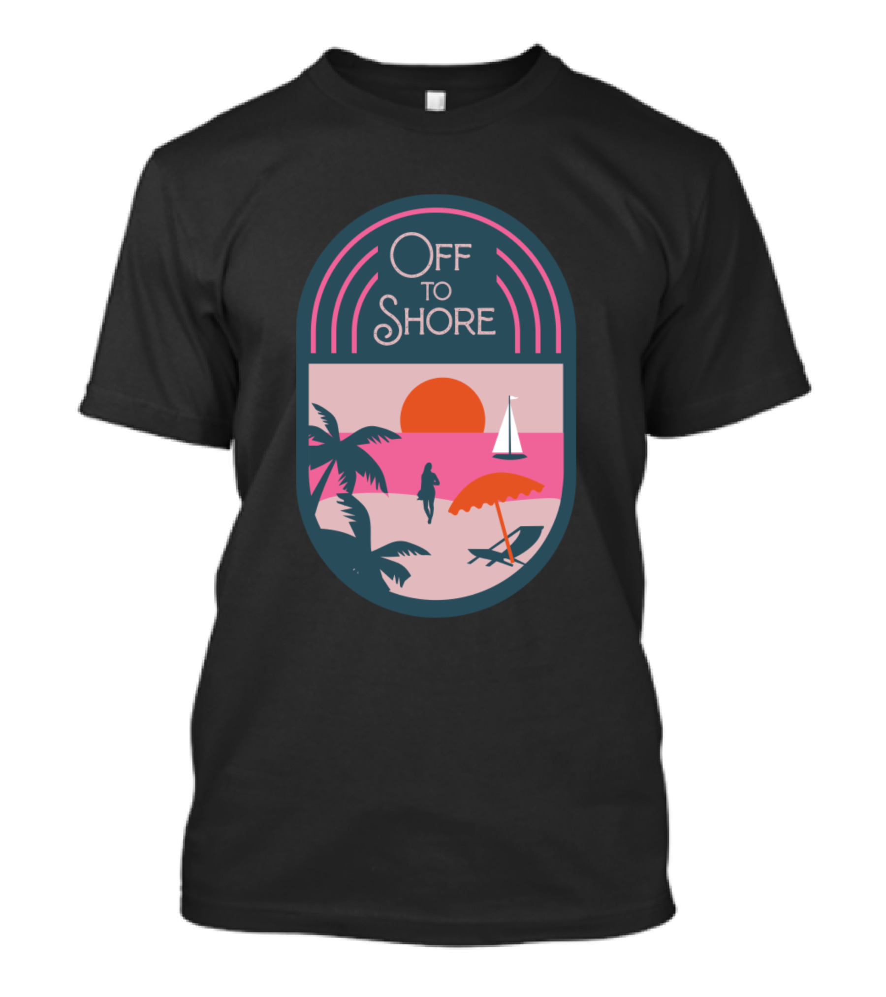 Off To Shore Vintage Sign Beach Sunset Palms Sailboat Umbrella T-Shirt