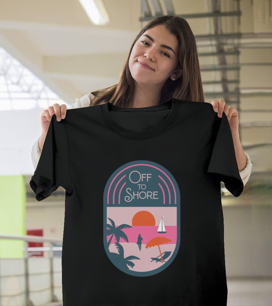 Off To Shore Vintage Sign Beach Sunset Palms Sailboat Umbrella T-Shirt