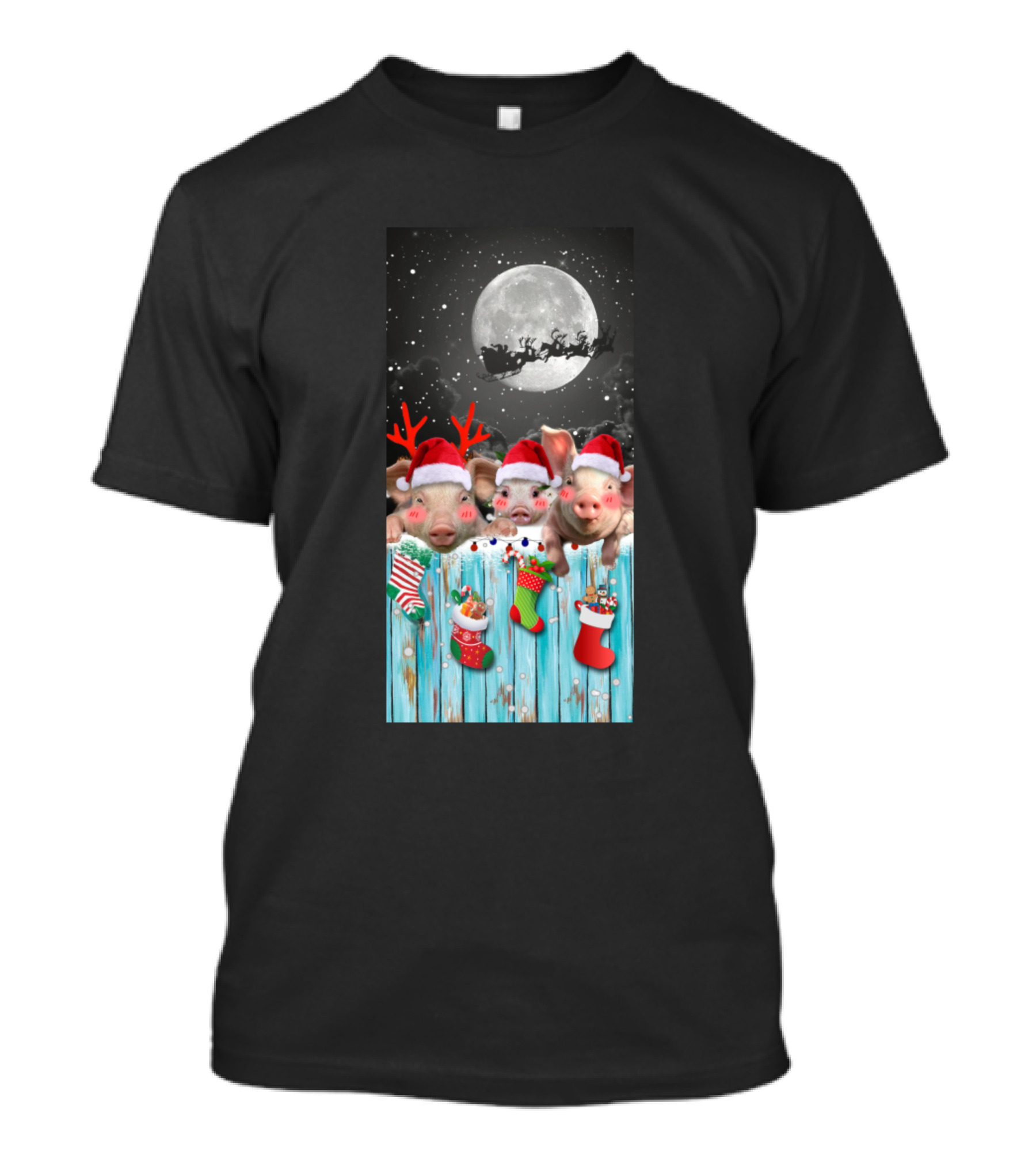 Pig Christmas Sock Santa Hats And Moonlit Farm Scene T-Shirt