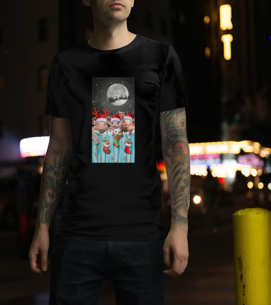 Pig Christmas Sock Santa Hats And Moonlit Farm Scene T-Shirt