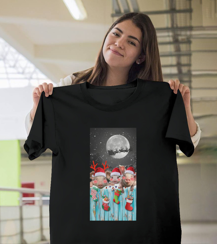 Pig Christmas Sock Santa Hats And Moonlit Farm Scene T-Shirt