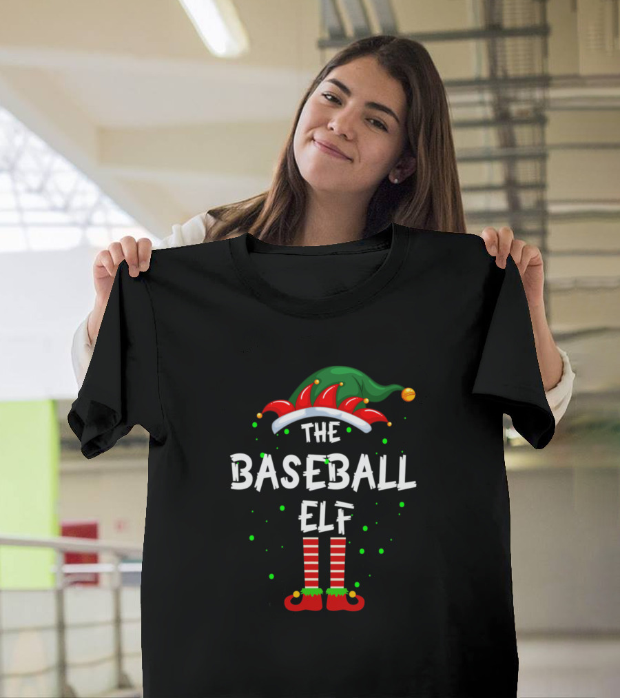 The Baseball Elf Family Matching Group Holiday Hat and Striped Socks T-Shirt