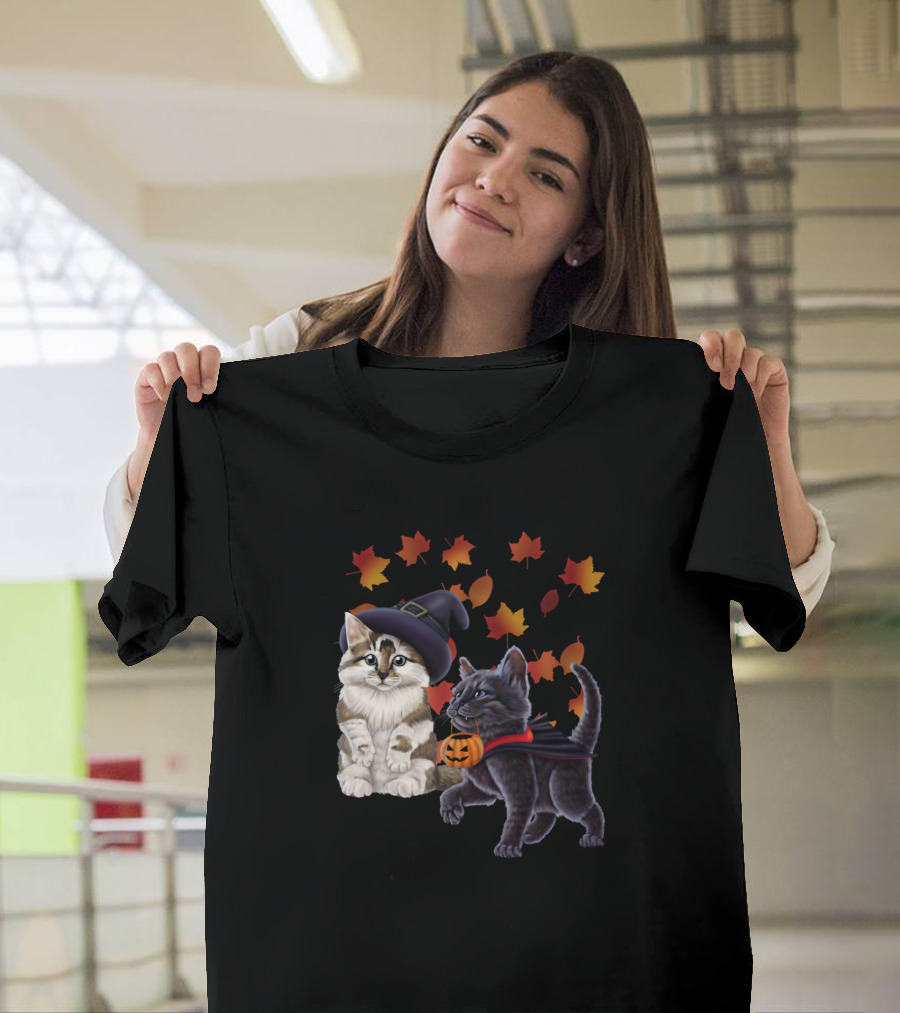 Kittens Halloween Witch Hat Vampire Pumpkin Leaves T-Shirt