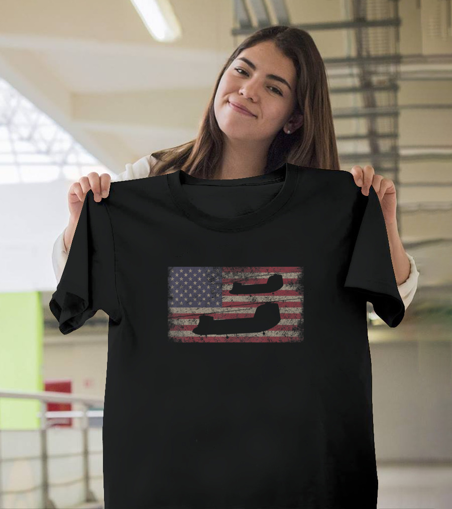 Ch47 Chinook Helicopter Silhouettes Over USA Flag T-Shirt
