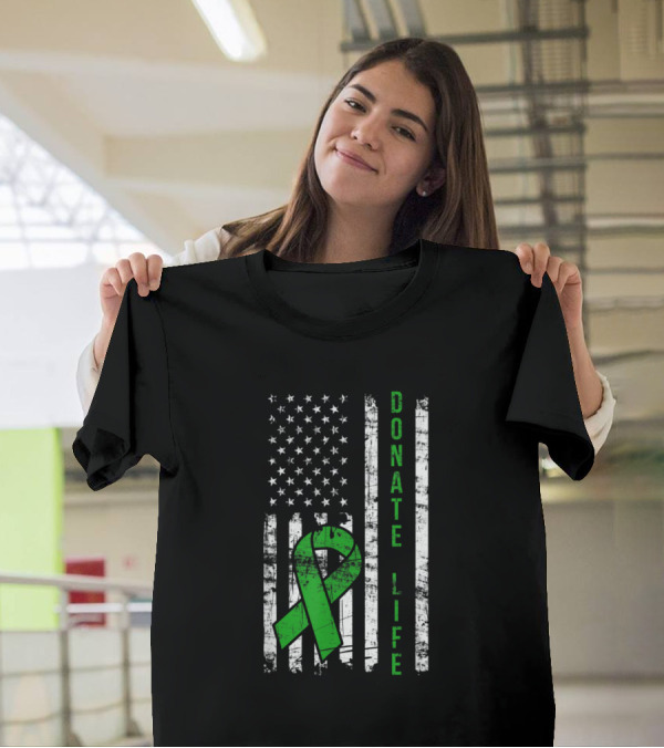 Distressed USA Flag Green Ribbon Donate Life Organ Kidney Donor T-Shirt
