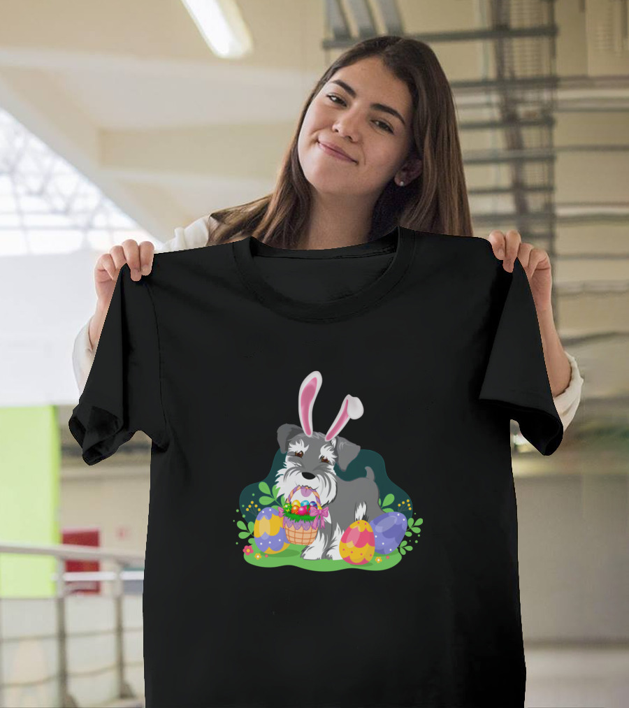 Schnauzer Bunny Ears Easter Eggs Day Cute Dogs 445 T-Shirt