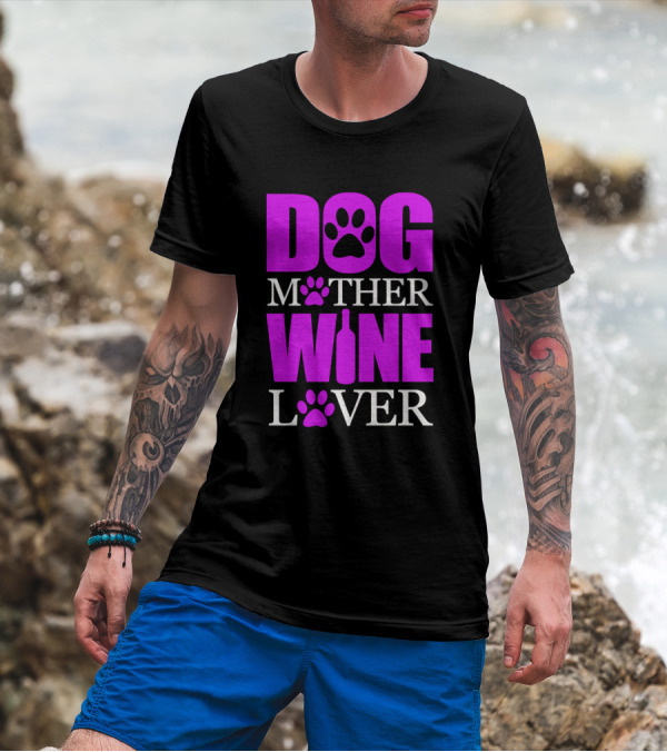 Dog Mother Wine Lover Paw Print Wine Bottle T-Shirt