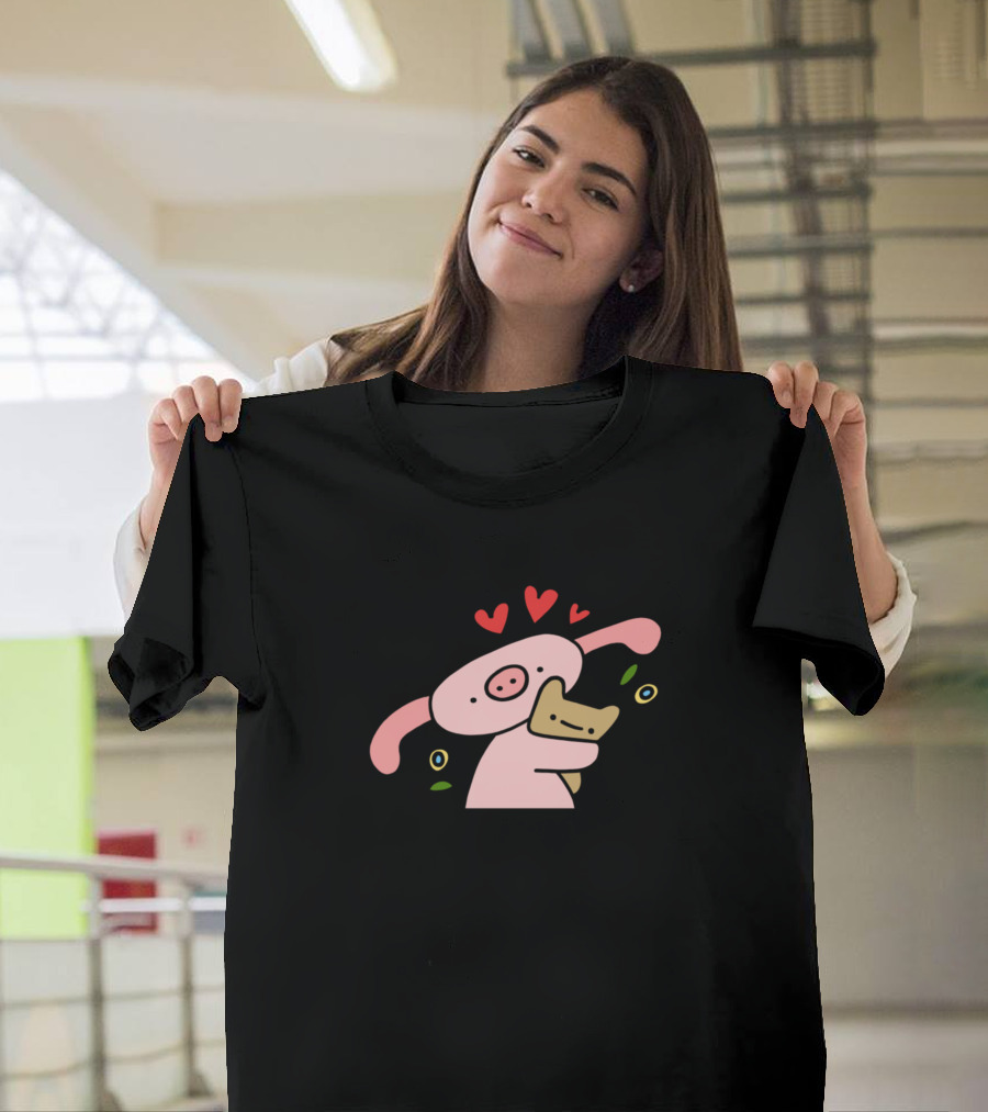 Pig and Cat Sweethearted Hug with Heart Blooms T-Shirt