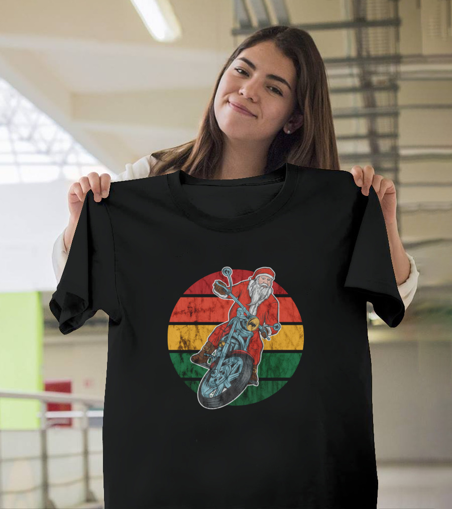Santa Christmas Retro Biker Riding Vintage Sunset T-Shirt