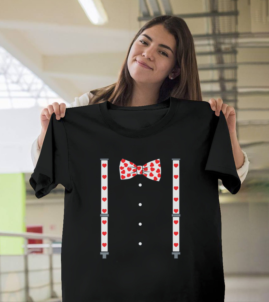 Valentines Day Hearts Suspenders Bow Tie T-Shirt
