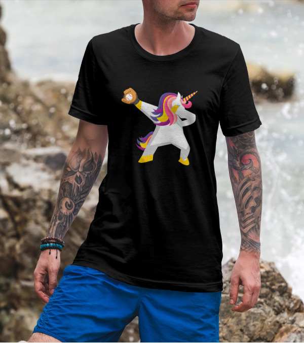 Unicorn Dabbing With Softball Glove Funny Dab Catcher T-Shirt