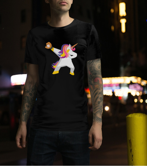 Unicorn Dabbing With Softball Glove Funny Dab Catcher T-Shirt