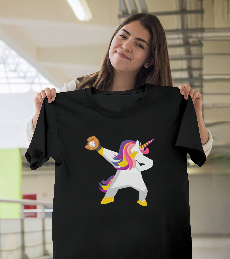 Unicorn Dabbing With Softball Glove Funny Dab Catcher T-Shirt