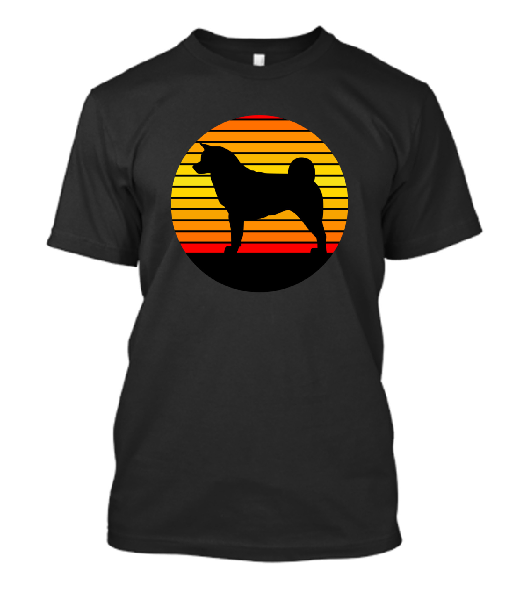 Akita Silhouette Against Striped Sunset Circle T-Shirt