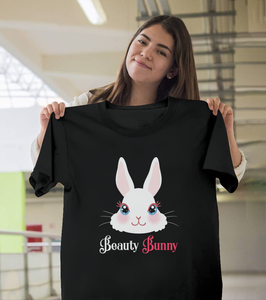 Beauty Bunny Cute White Rabbit Face with Blue Eyes and Pink Ears T-Shirt