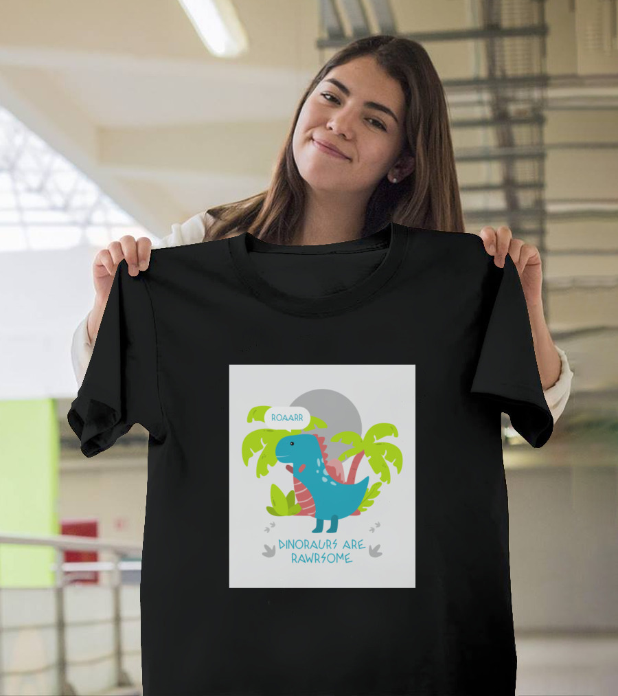 Roaarr Dinosaurs Are Rawrsome with Blue Dinosaur and Palm Trees T-Shirt