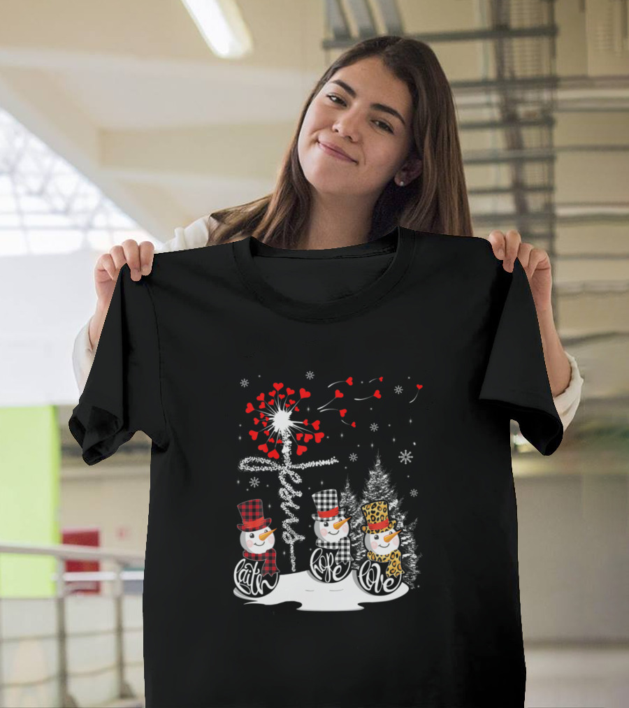 Faith Hope Love Snowman Jesus Xmas Tree Christian Hearts T-Shirt