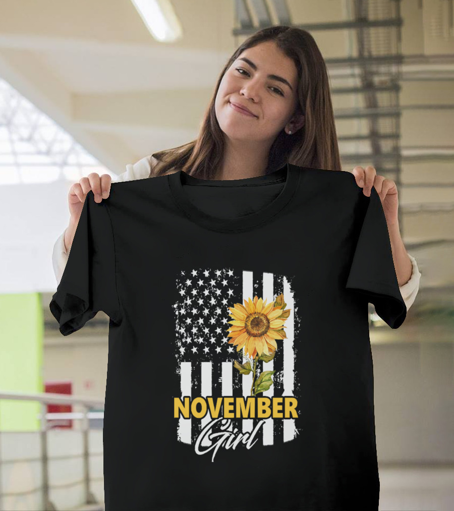 November Girl Sunflower American Flag T-Shirt