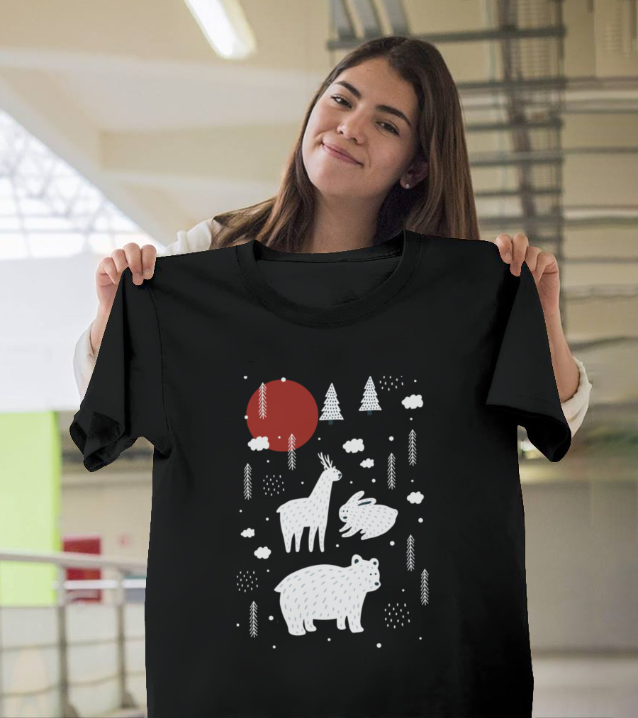 Forest Animals Deer Rabbit Bear Winter Scene with Red Moon and Trees T-Shirt