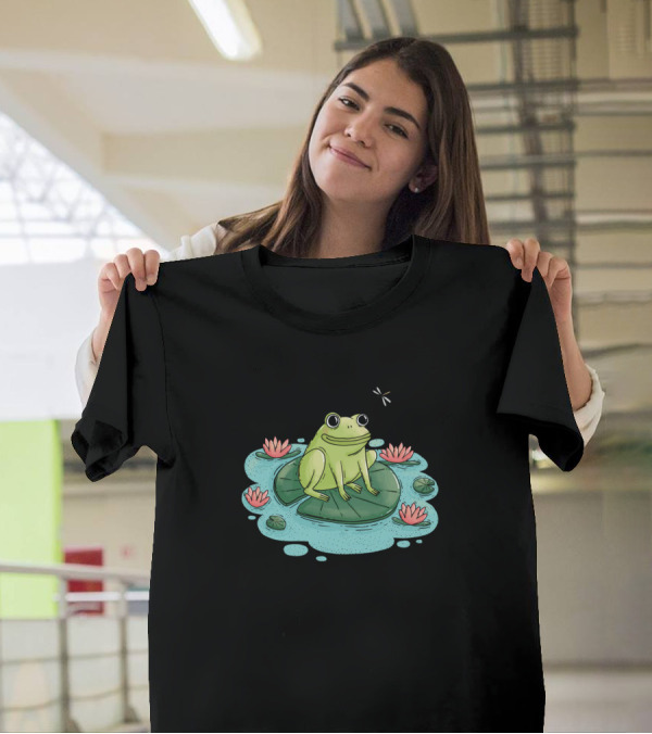 Froggy And Lilypads Sitting On A Pad With Flowers And Dragonfly In Pond T-Shirt