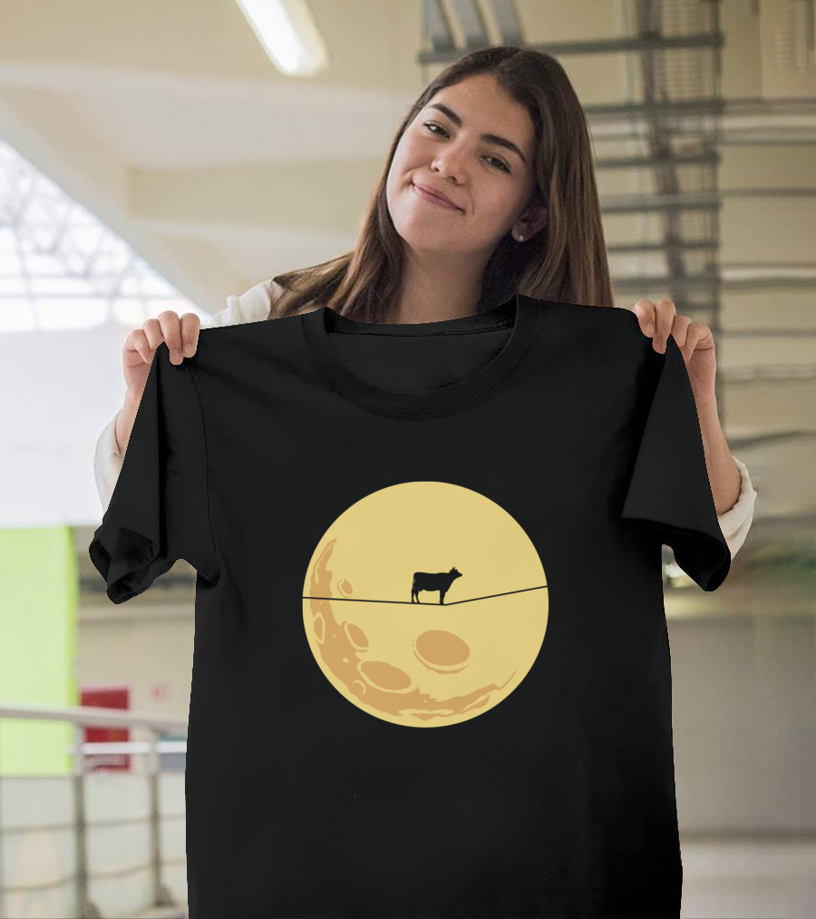 Cow Walking on Tightrope Against Full Moon T-Shirt