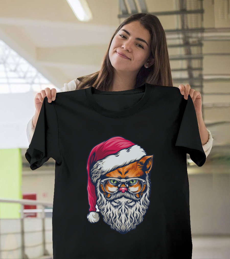 Wild Cat Merry Santa Cat With Beard and Glasses T-Shirt