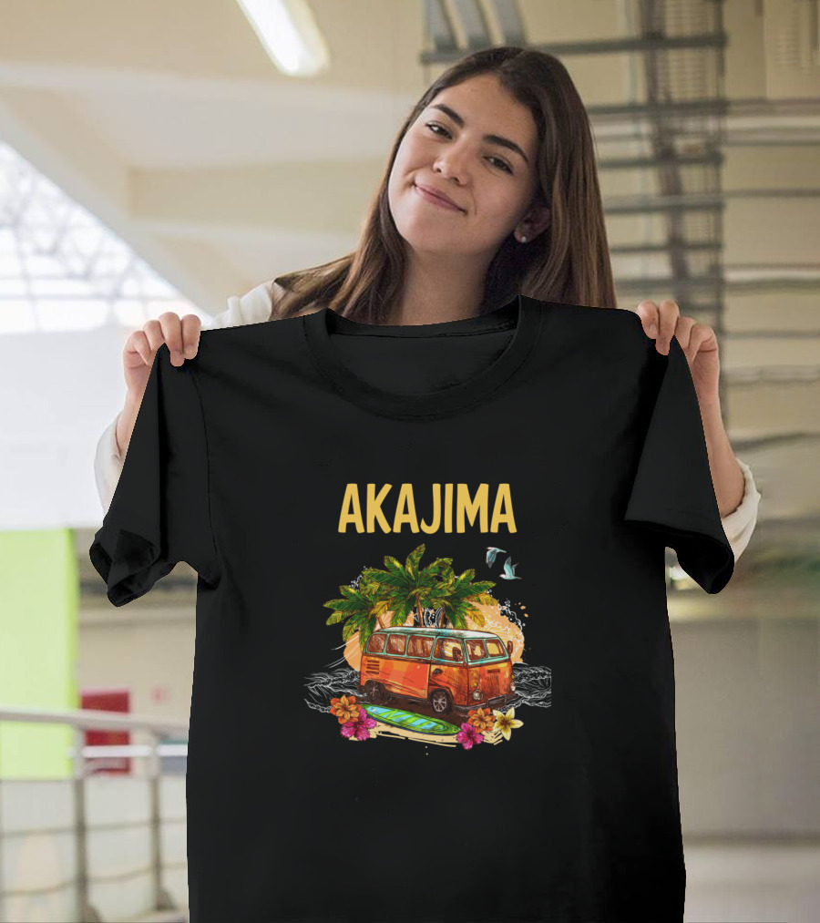 Akajima Surfing Adventure with Vintage Beach Bus and Palm Trees T-Shirt