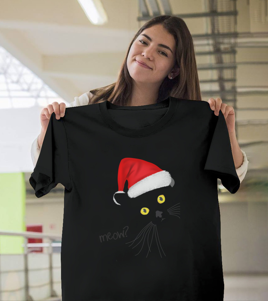 Black Cat Meow Santa Hat T-Shirt