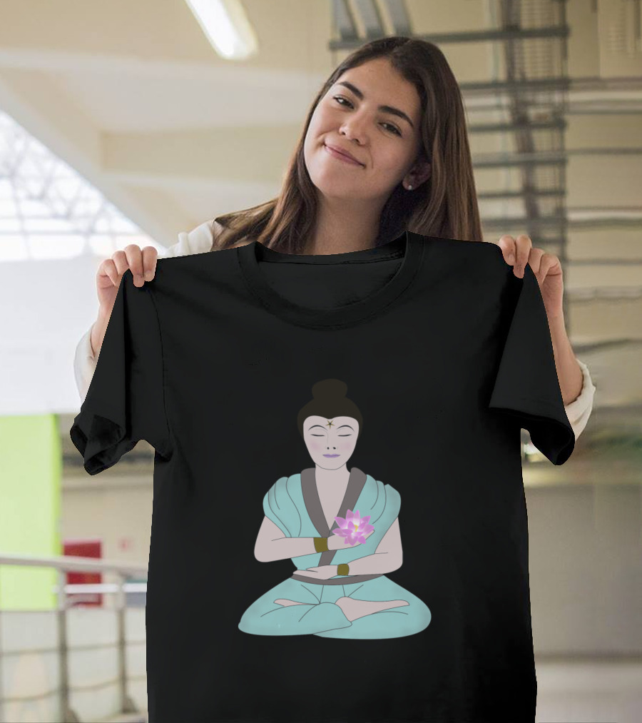 Buddhist Girl Meditating in Lotus Pose with Pink Flower T-Shirt