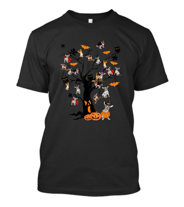 Chihuahua Halloween Tree With Witches Pumpkins And Bats T-Shirt