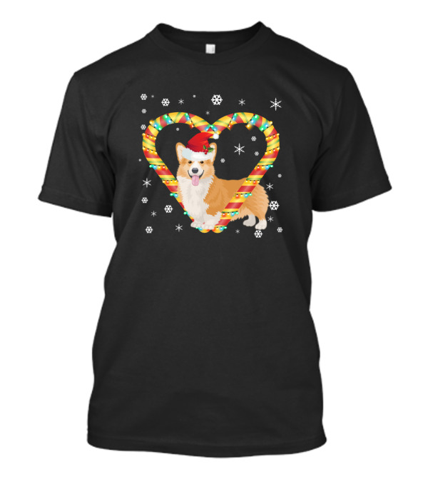 Corgi With Santa Hat In Candy Cane Heart And Christmas Lights T-Shirt