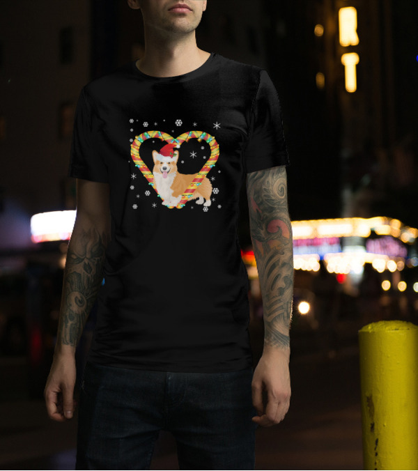 Corgi With Santa Hat In Candy Cane Heart And Christmas Lights T-Shirt