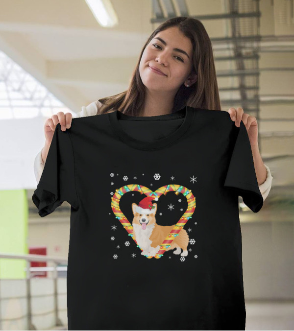 Corgi With Santa Hat In Candy Cane Heart And Christmas Lights T-Shirt